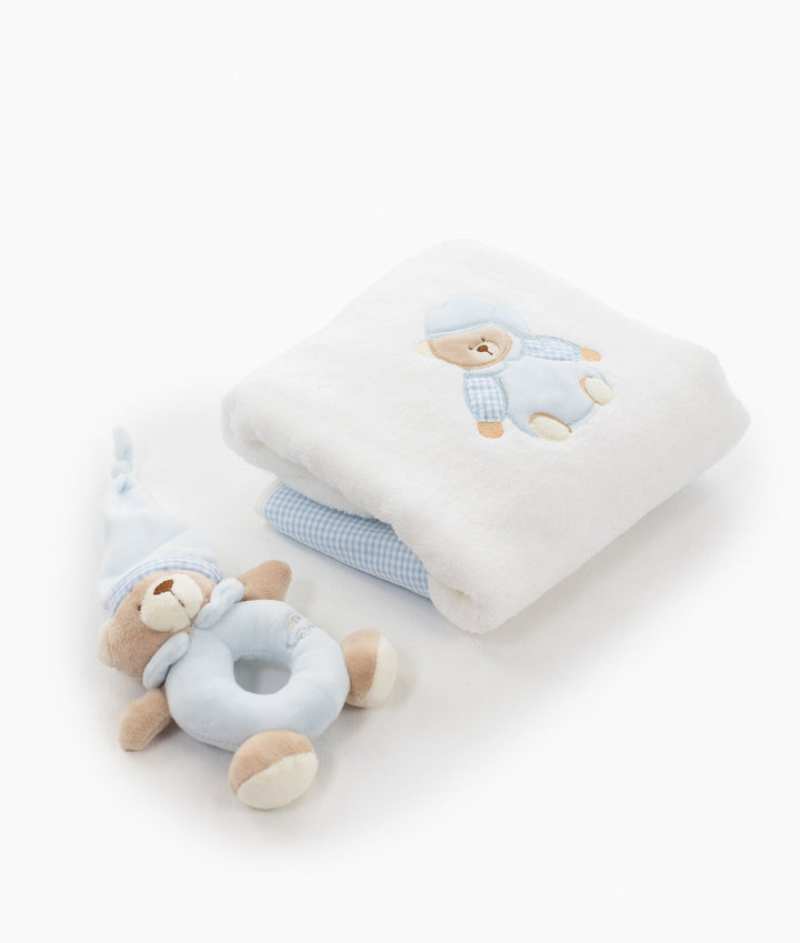 Bear Towel & Rattle Set - Blue